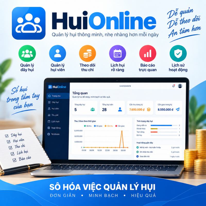 Phần Mềm Quản Lý Hụi HuiOnline – Quản Lý Dây Hụi & Sổ Hụi