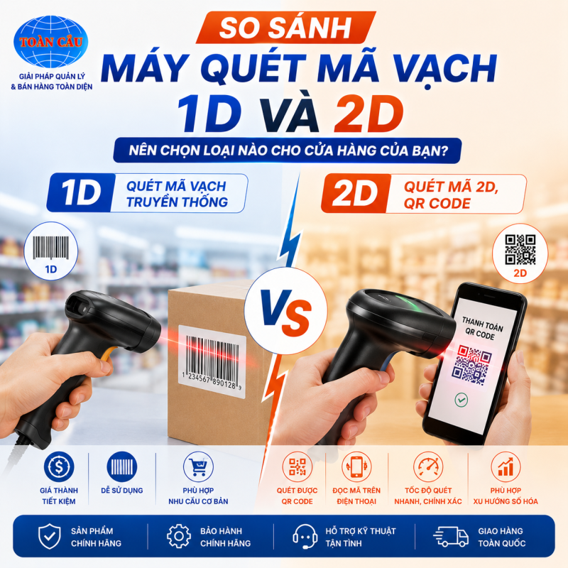 So sánh máy quét mã vạch 1D và 2D – Nên chọn loại nào cho cửa hàng năm 2026?